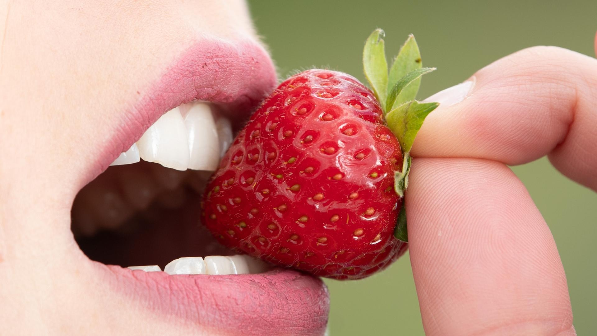 Zu sehen ist ein Mund, der genüsslich in eine große Erdbeere beißt. Zu sehen ist ein Mund, der genüsslich in eine große Erdbeere beißt.