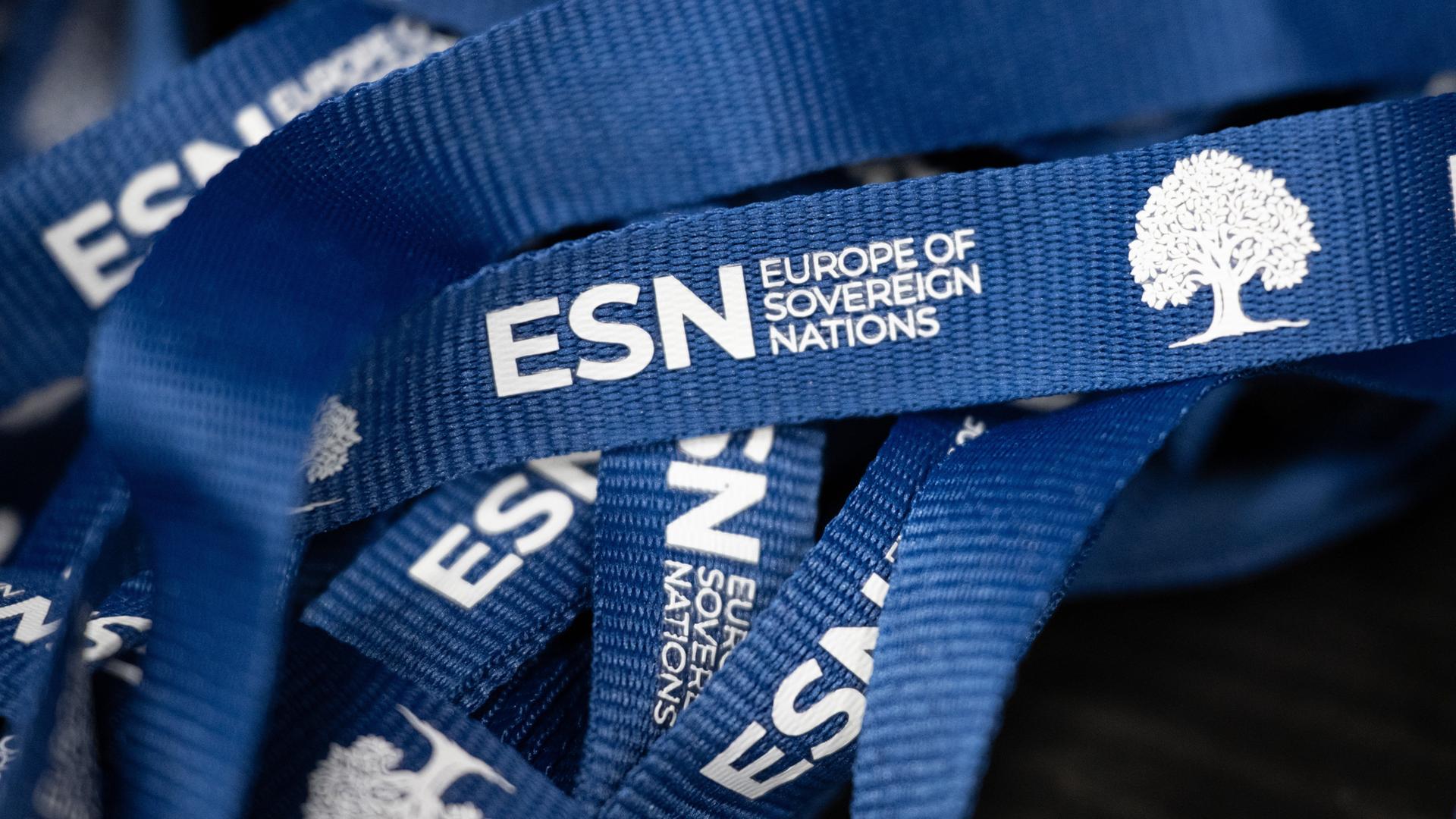 Das Logo der europäischen Partei "ESN Europe of Sovereign Nations" auf Schlüsselbändern Das Logo der europäischen Partei "ESN Europe of Sovereign Nations" auf Schlüsselbändern