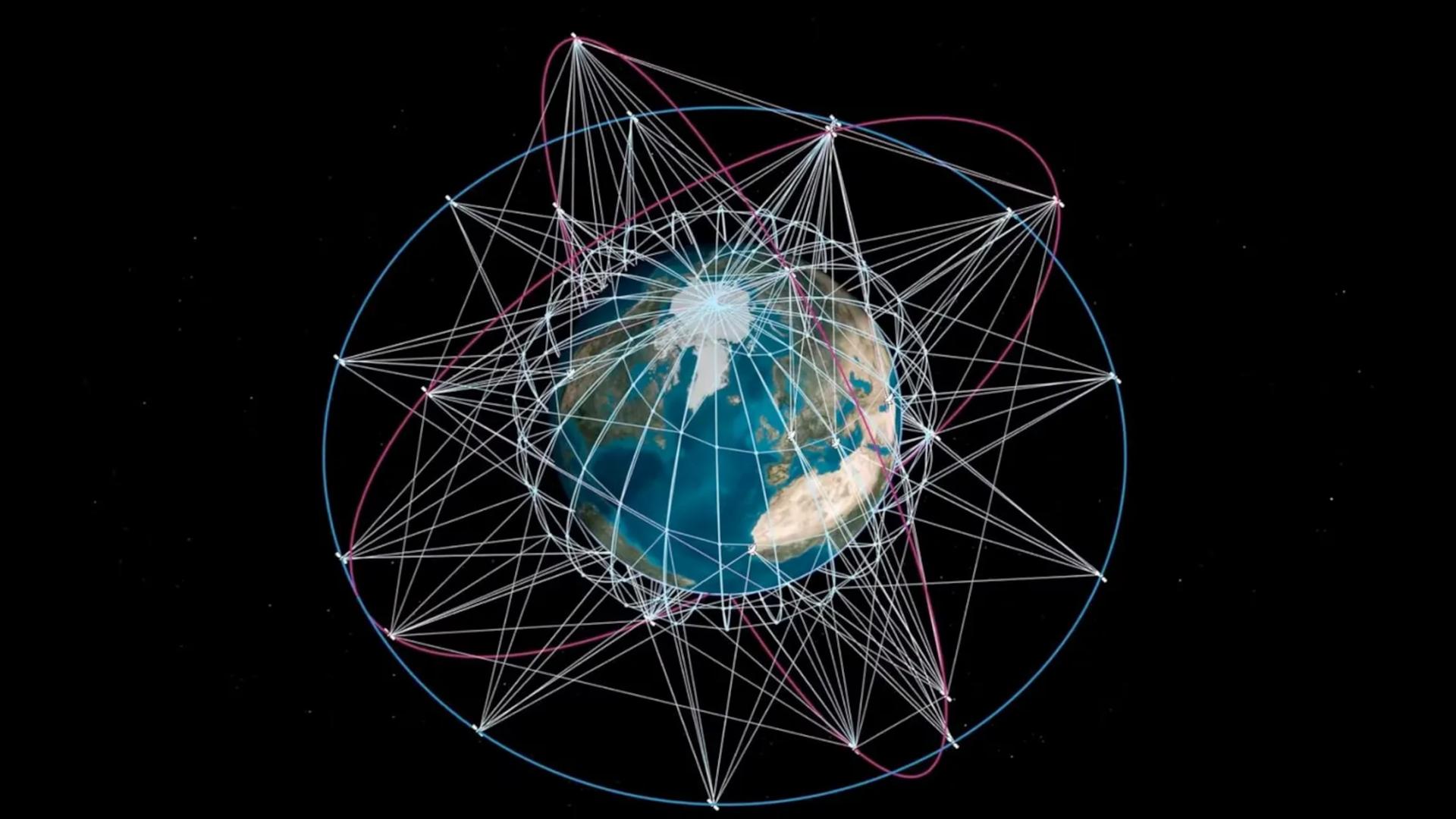 Eine Grafik zeigt die Erde, umspannt von Linien, die das Netz von rund 300 Satelliten abbilden