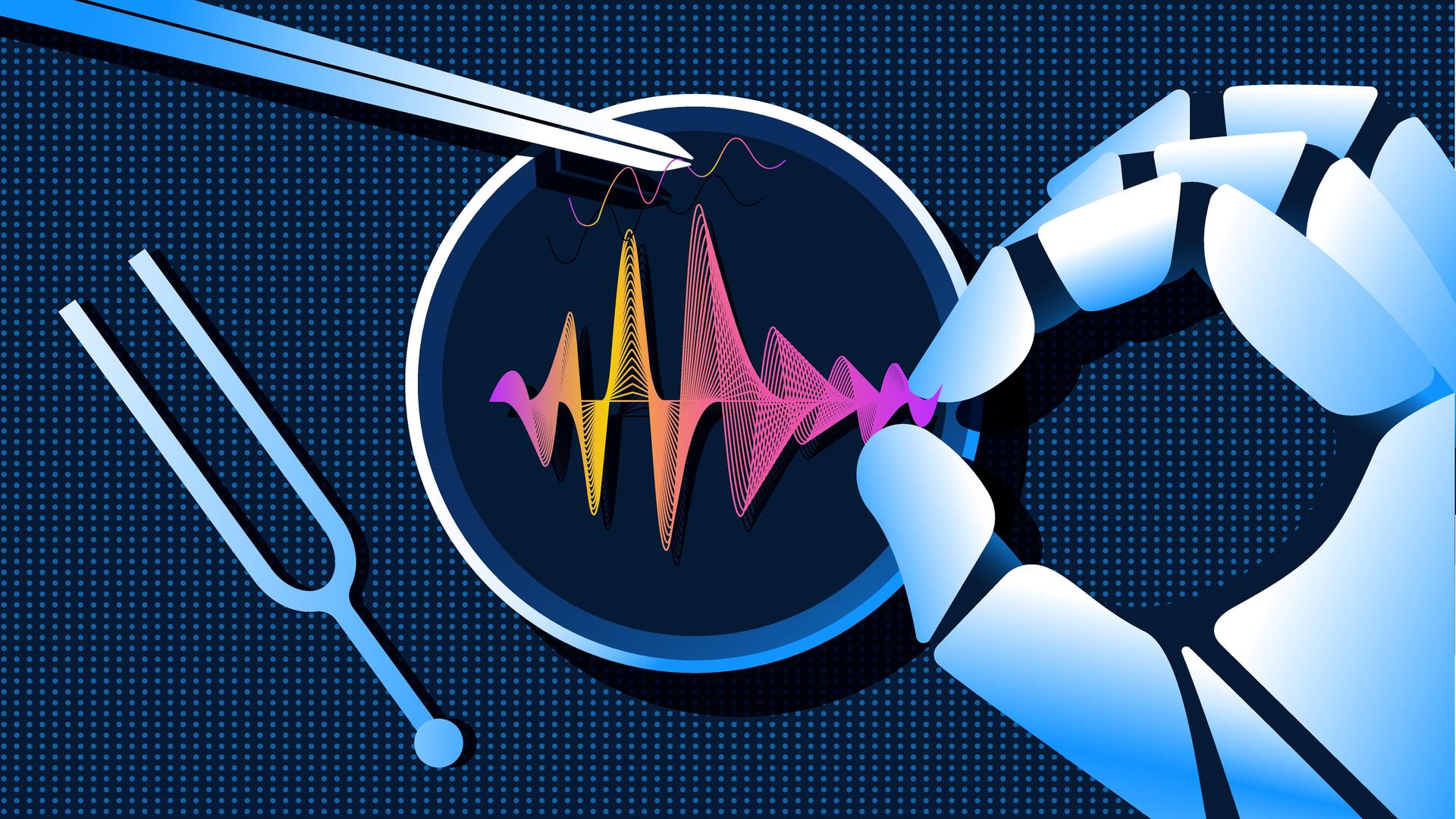 Illustration einer Roboterhand, die „Audio-DNA“ in einer Petrischale modifiziert. Mit einer Pinzette wird eine Frequenz aus dem Gesamtspektrum entnommen. Daneben liegt eine Stimmgabel. Der Hintergrund ist dunkelblau. Illustration einer Roboterhand, die „Audio-DNA“ in einer Petrischale modifiziert. Mit einer Pinzette wird eine Frequenz aus dem Gesamtspektrum entnommen. Daneben liegt eine Stimmgabel. Der Hintergrund ist dunkelblau.