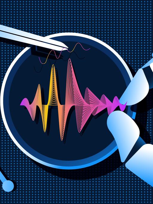 Illustration einer Roboterhand, die „Audio-DNA“ in einer Petrischale modifiziert. Mit einer Pinzette wird eine Frequenz aus dem Gesamtspektrum entnommen. Daneben liegt eine Stimmgabel. Der Hintergrund ist dunkelblau.