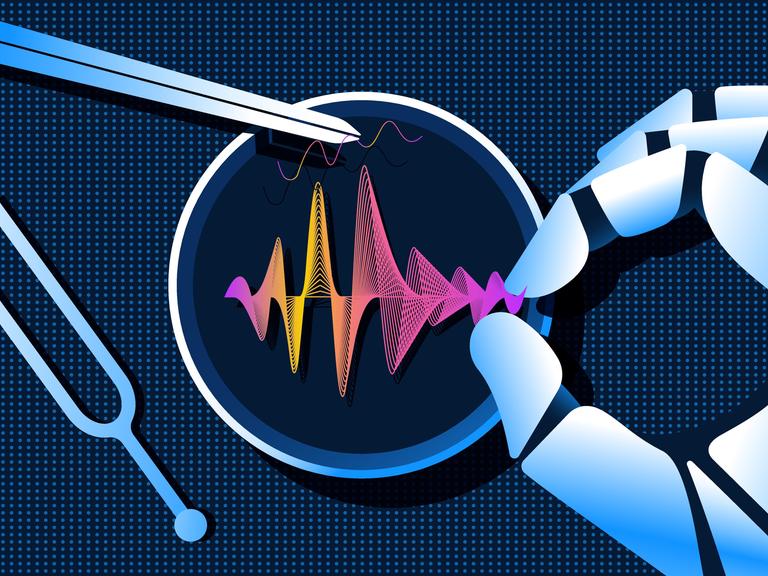 Illustration einer Roboterhand, die „Audio-DNA“ in einer Petrischale modifiziert. Mit einer Pinzette wird eine Frequenz aus dem Gesamtspektrum entnommen. Daneben liegt eine Stimmgabel. Der Hintergrund ist dunkelblau.