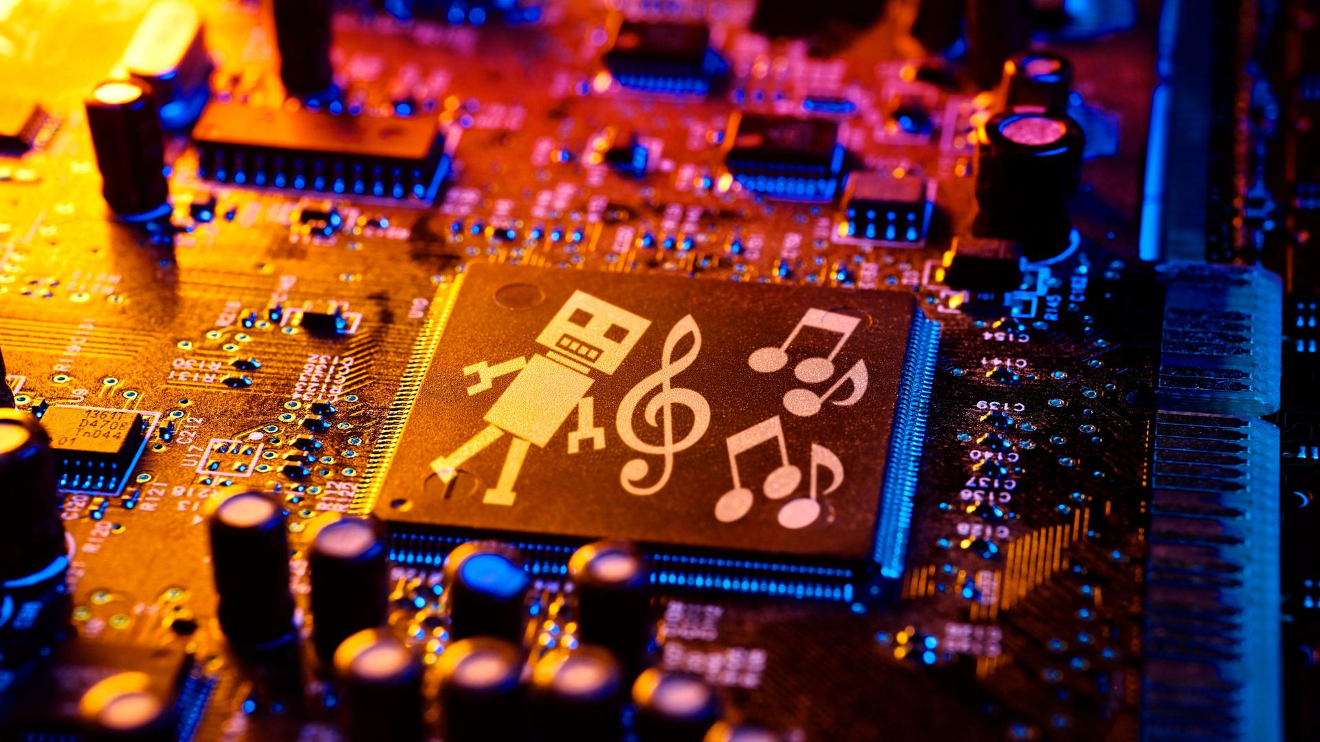 Computerchip mit Roboterfigur, Noten und Notenschlüssel, Symbolfoto für die Nutzung von Musik und Songtexten durch künstliche Intelligenz, Fotomontage Computerchip mit Roboterfigur, Noten und Notenschlüssel, Symbolfoto für die Nutzung von Musik und Songtexten durch künstliche Intelligenz, Fotomontage