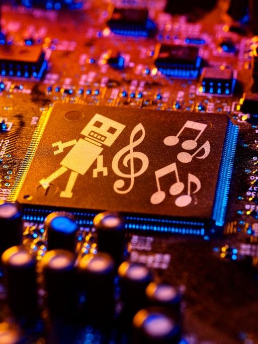 Computerchip mit Roboterfigur, Noten und Notenschlüssel, Symbolfoto für die Nutzung von Musik und Songtexten durch künstliche Intelligenz, Fotomontage