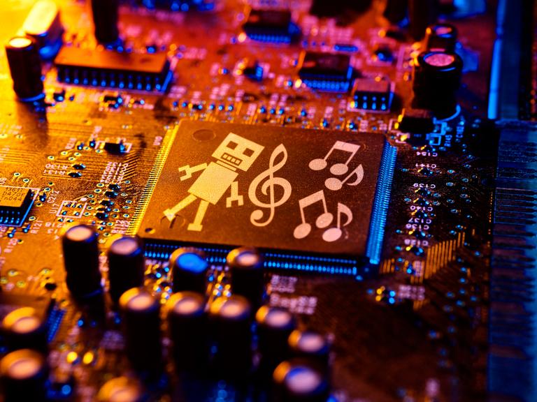 Computerchip mit Roboterfigur, Noten und Notenschlüssel, Symbolfoto für die Nutzung von Musik und Songtexten durch künstliche Intelligenz, Fotomontage