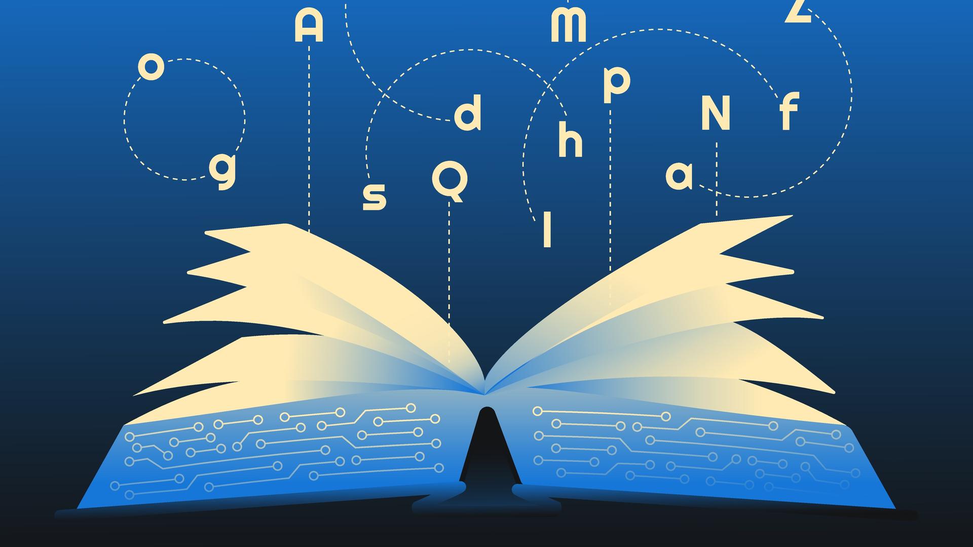 Illustration eines Buches Mikroschaltkreisen und leuchtenden Buchstaben, welches Textgenerierung durch künstliche Intelligenz symbolisieren soll. Illustration eines Buches Mikroschaltkreisen und leuchtenden Buchstaben, welches Textgenerierung durch künstliche Intelligenz symbolisieren soll.