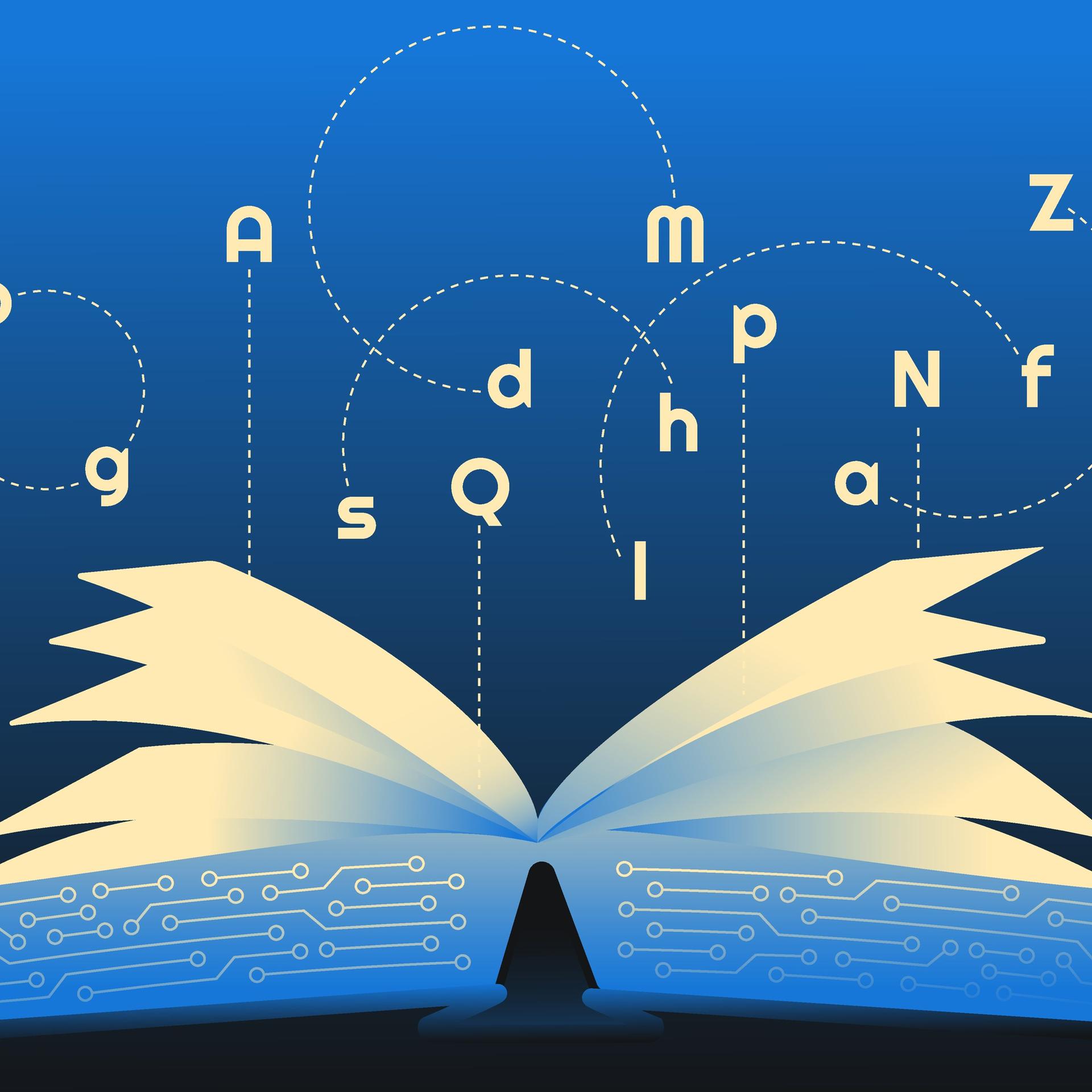 Illustration eines Buches Mikroschaltkreisen und leuchtenden Buchstaben, welches Textgenerierung durch künstliche Intelligenz symbolisieren soll.