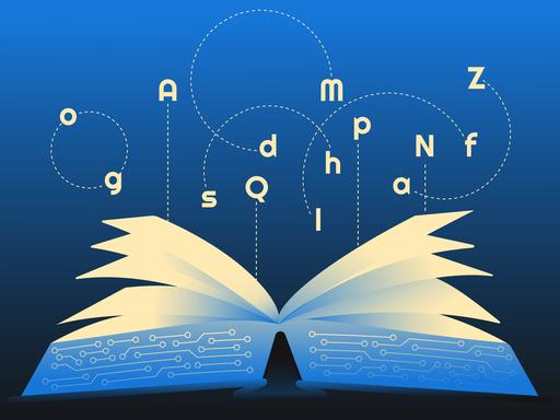 Illustration eines Buches Mikroschaltkreisen und leuchtenden Buchstaben, welches Textgenerierung durch künstliche Intelligenz symbolisieren soll.