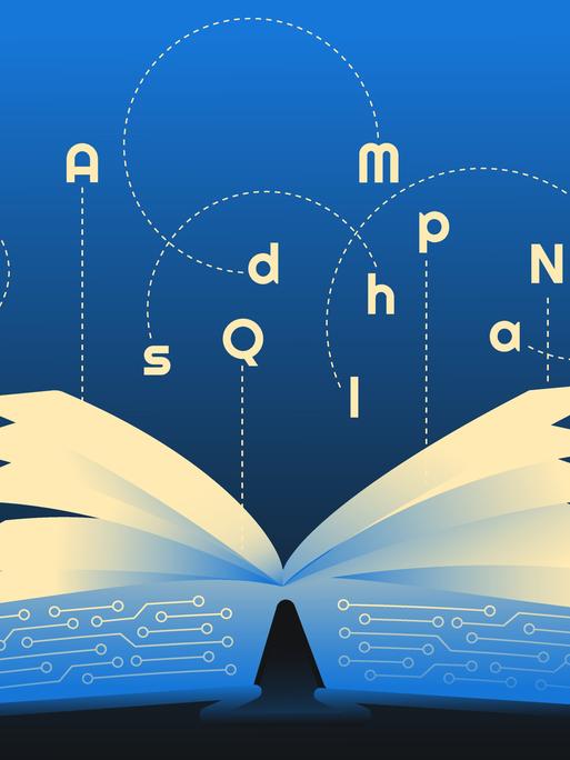 Illustration eines Buches Mikroschaltkreisen und leuchtenden Buchstaben, welches Textgenerierung durch künstliche Intelligenz symbolisieren soll.