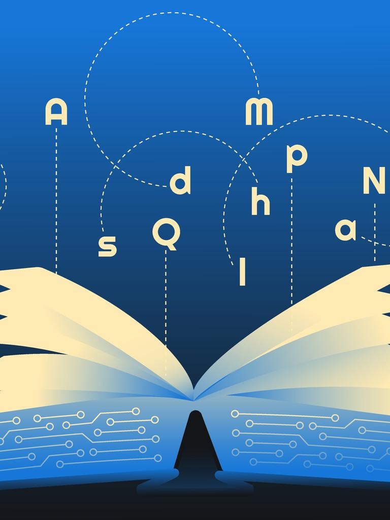 Illustration eines Buches Mikroschaltkreisen und leuchtenden Buchstaben, welches Textgenerierung durch künstliche Intelligenz symbolisieren soll.