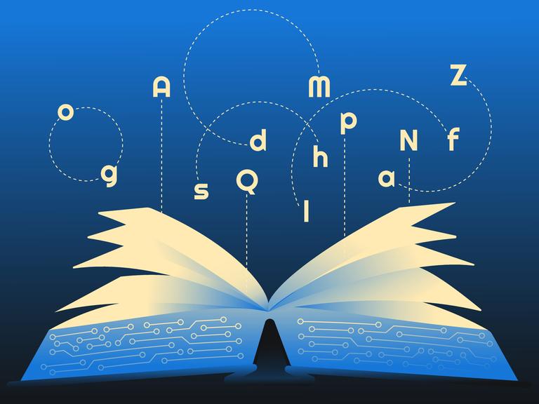 Illustration eines Buches Mikroschaltkreisen und leuchtenden Buchstaben, welches Textgenerierung durch künstliche Intelligenz symbolisieren soll.