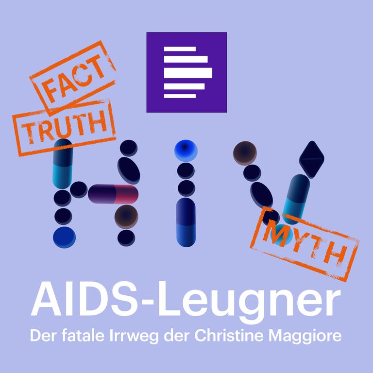 Dlf Logo, Buchstaben HIV zentral auf blauem Grund,  "AIDS-Leugner"
