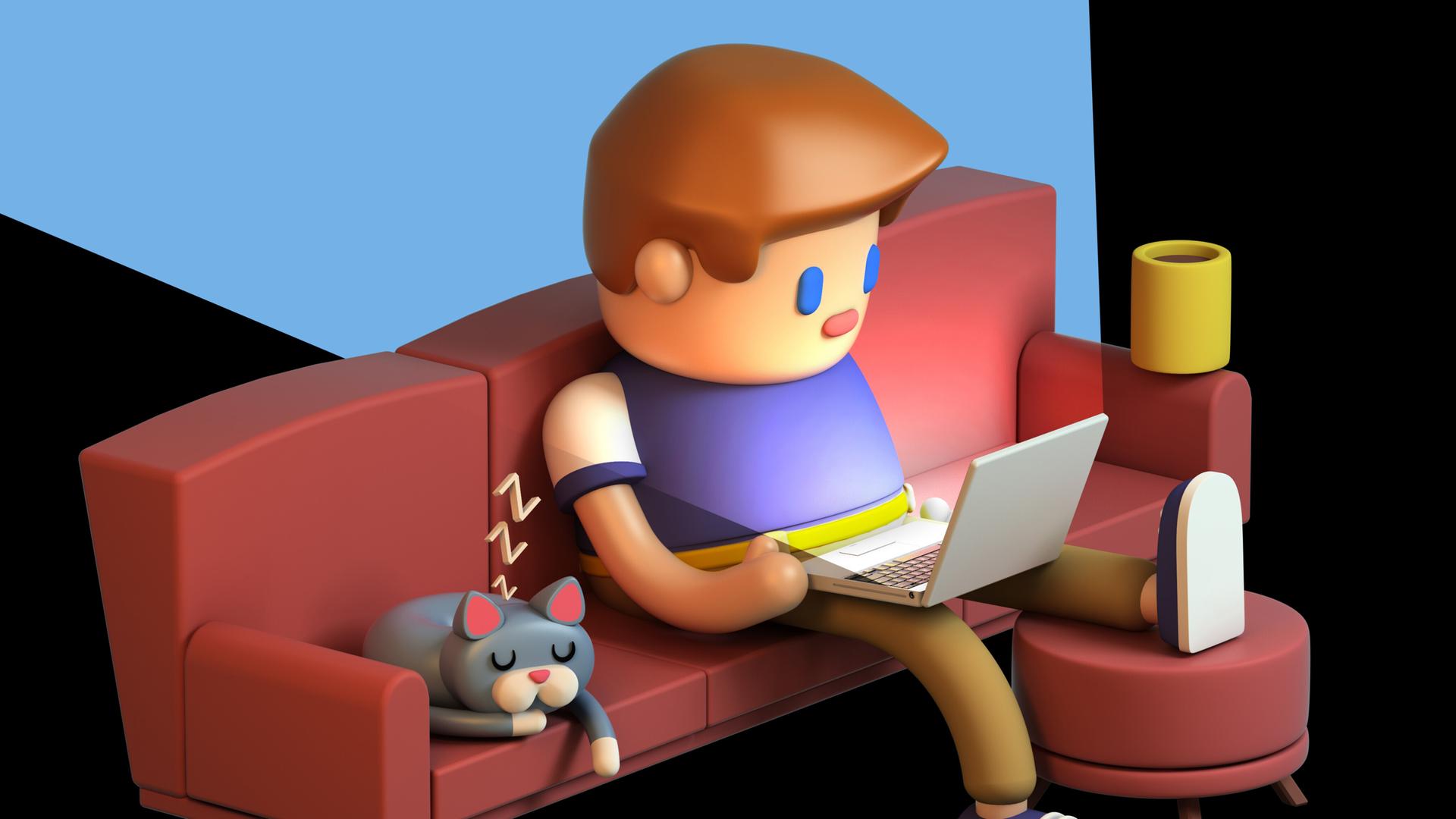 Illustration von einem Mann, der mit Laptop auf dem Schoß auf dem Sofa sitzt, eine schlafende Katze neben ihm Illustration von einem Mann, der mit Laptop auf dem Schoß auf dem Sofa sitzt, eine schlafende Katze neben ihm