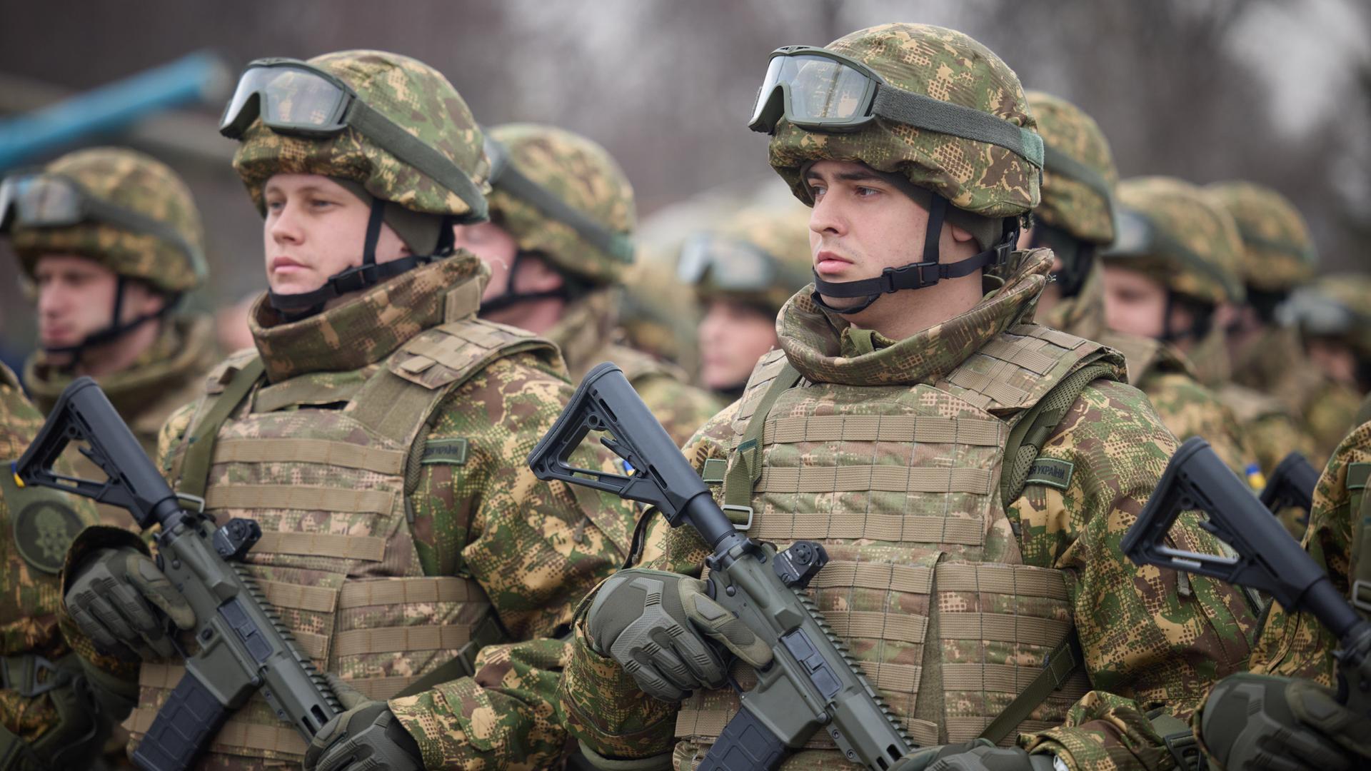 Ukrainische Soldaten in Uniform mit Waffen, in Reih und Glied.