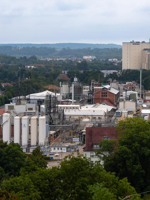 Das Foto zeigt die Chemiefabrik große, weiße Tanker des belgischen Unternehmens Solvay umgeben von grünen Bäumen und sanften Hügeln am Horizont.