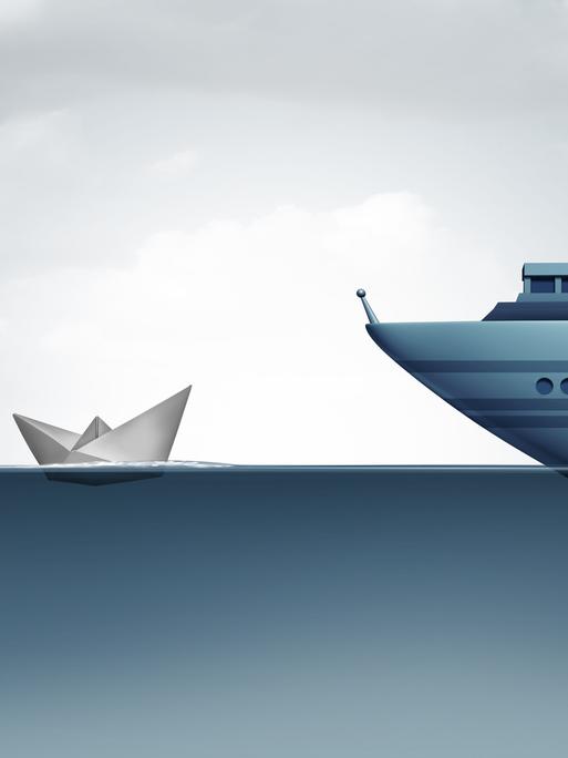 Illustration: Eine riesige Luxusyacht steht einem kleinen Papierboot auf See gegenüber. Symbolbild für wirtschaftliche Ungleichheit