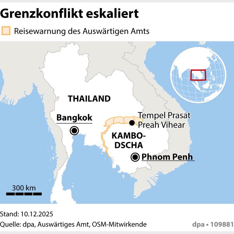 Die Landkarte zeigt das Grenzgebiet zwischen Thailand und Kambodscha 