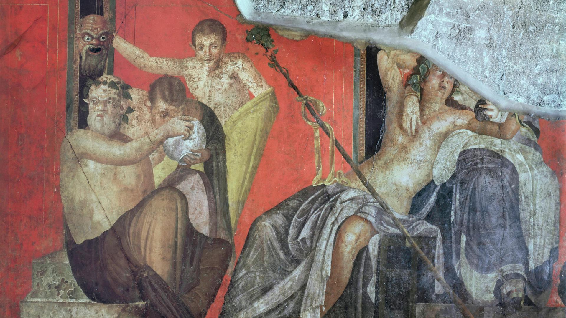 Ausschnitt aus einem Wandgemälde über die Einweihung der Frauen in den Dionysoskult. Fresko in Pompeji, Italien Ausschnitt aus einem Wandgemälde über die Einweihung der Frauen in den Dionysoskult. Fresko in Pompeji, Italien