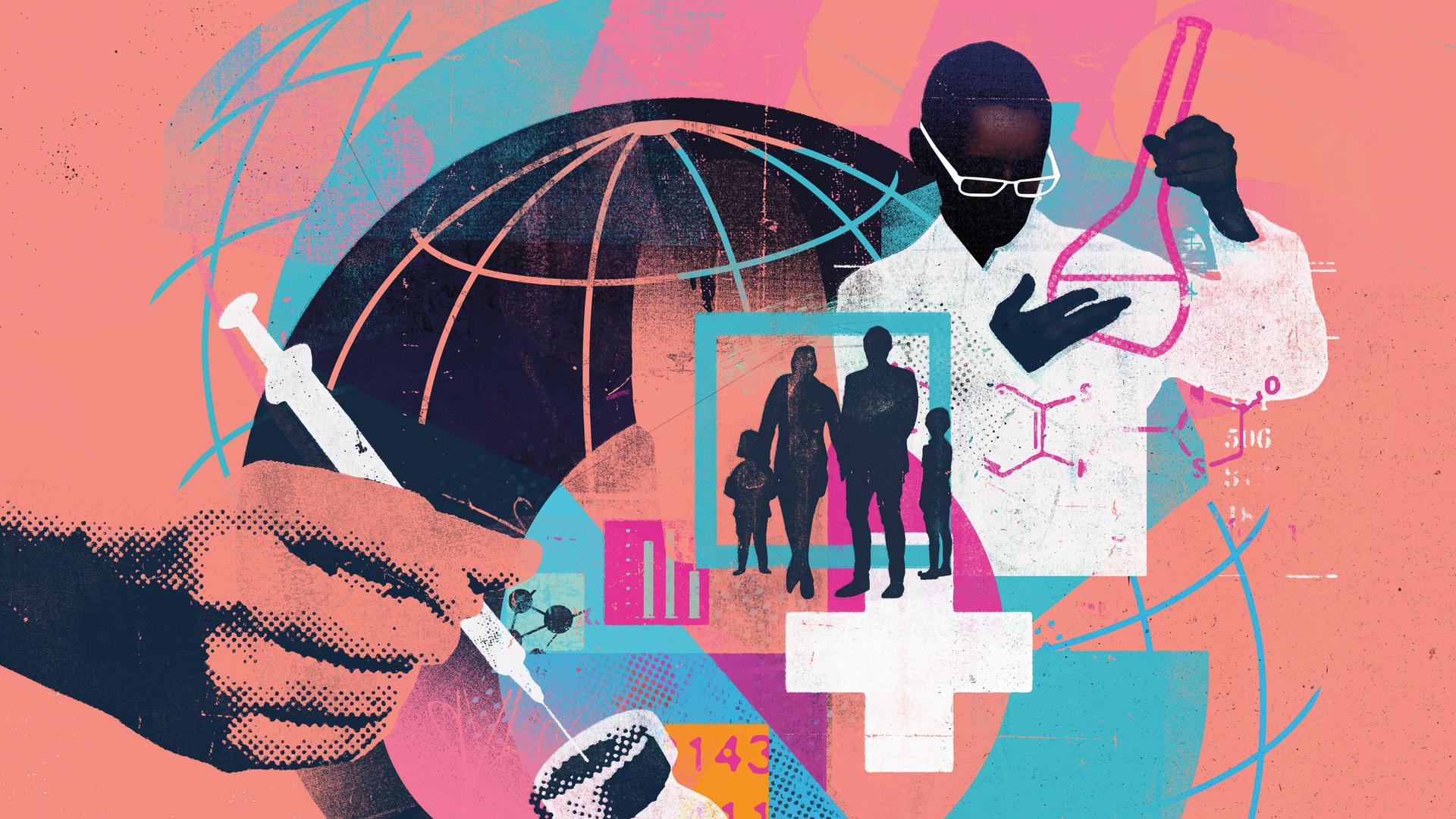 Illustrative Montage zu globaler Wissenschaft, Forschung und Medizin 