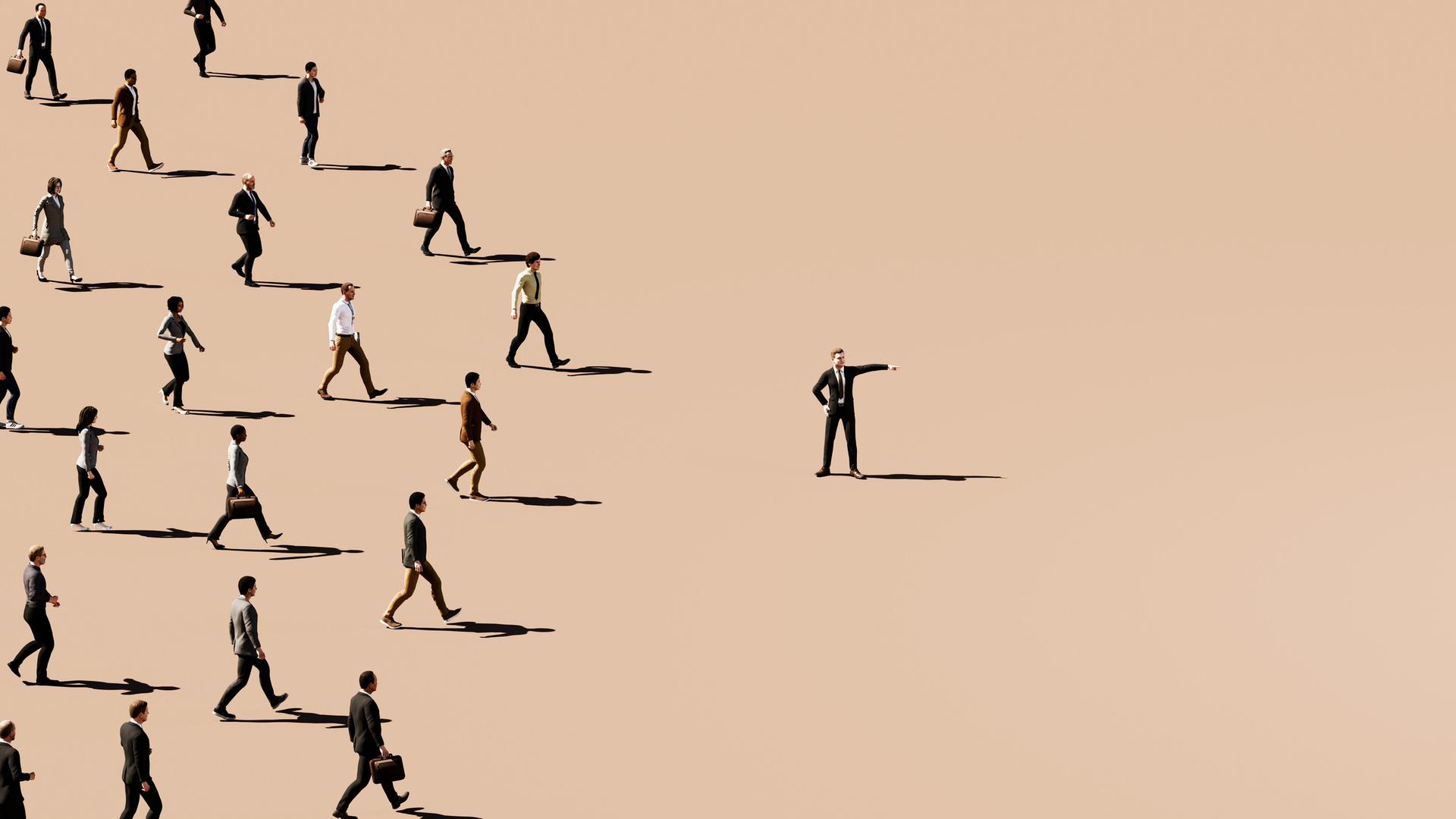 Illustration eines Unternehmensleiters, der in eine Richtung zeigt, während eine große Gruppe von Geschäftsleuten zielstrebig hinter ihm hergeht, vor einem hellbraunen Hintergrund. 