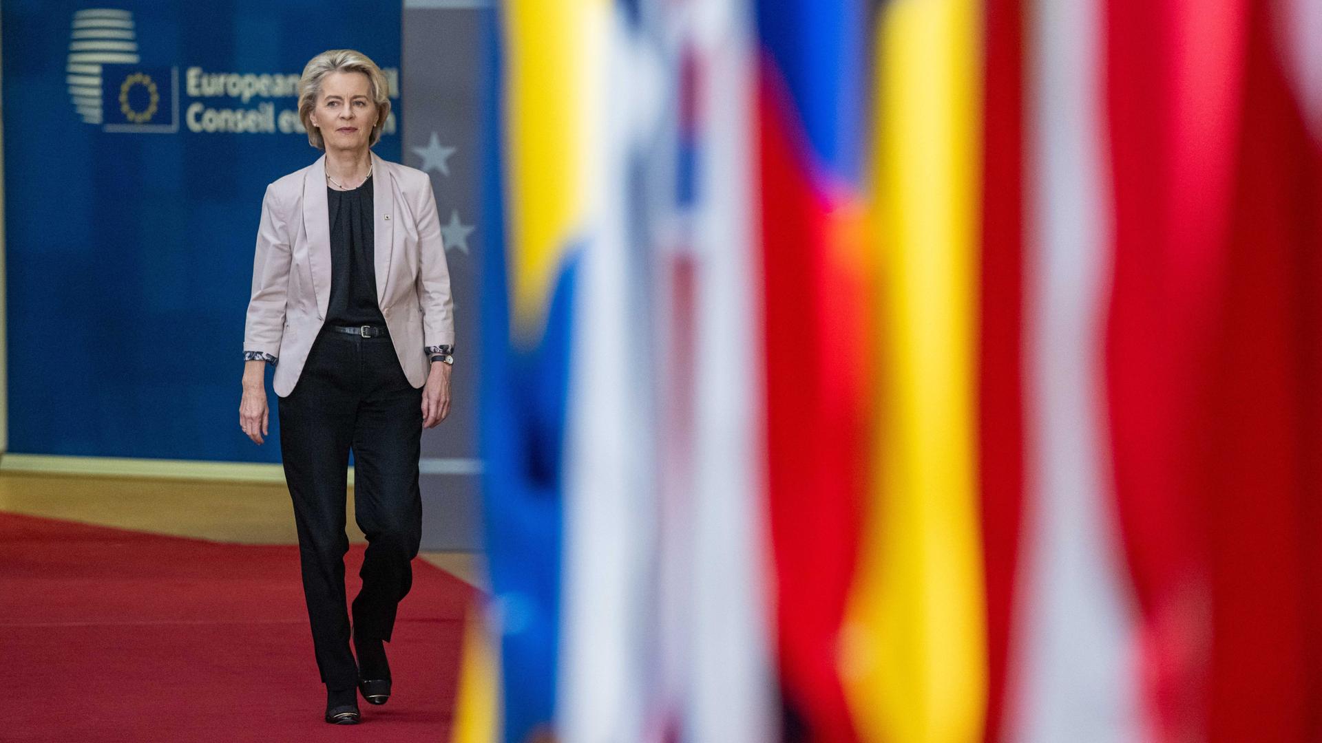 EU-Kommissionspräsidentin von der Leyen beim EU-Gipfel in Brüssel vor Fahnen. EU-Kommissionspräsidentin von der Leyen beim EU-Gipfel in Brüssel vor Fahnen.
