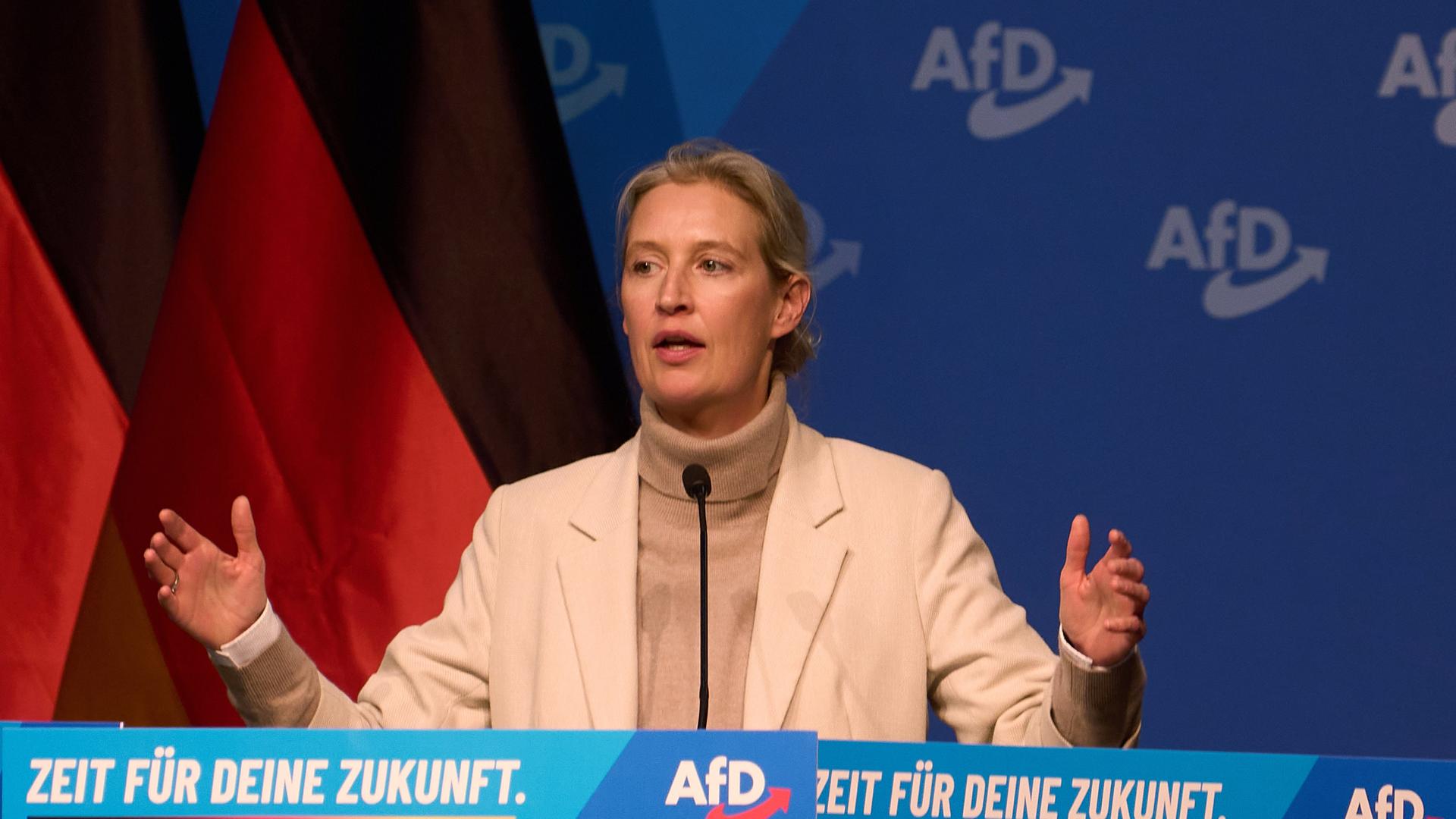 Alice Weidel, Co-Vorsitzende der AfD-Bundestagsfraktion, spricht bei der Gründungsveranstaltung der AfD-Jugendorganisation. Alice Weidel, Co-Vorsitzende der AfD-Bundestagsfraktion, spricht bei der Gründungsveranstaltung der AfD-Jugendorganisation.