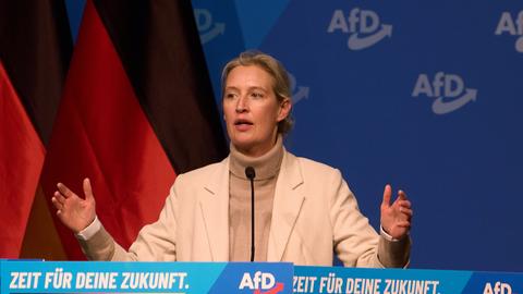 Alice Weidel, Co-Vorsitzende der AfD-Bundestagsfraktion, gestikuliert mit beiden Armen.