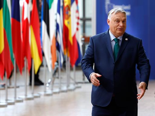 Ungarns Premierminister Viktor Orban neben Fahnen europäischer Länder