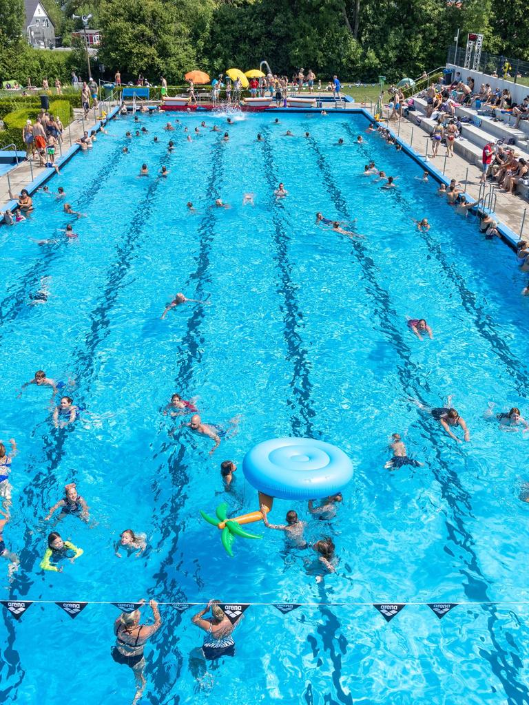 Viele Schwimmer in einem rechteckigen Freibad