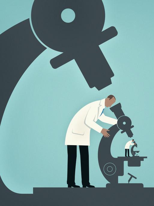 Illustration: Ein großer Wissenschaftler im weißen Kittel schaut durch ein Mikroskop auf einen kleinen Wissenschaftler. Das geht in einer Endlosschleife weiter