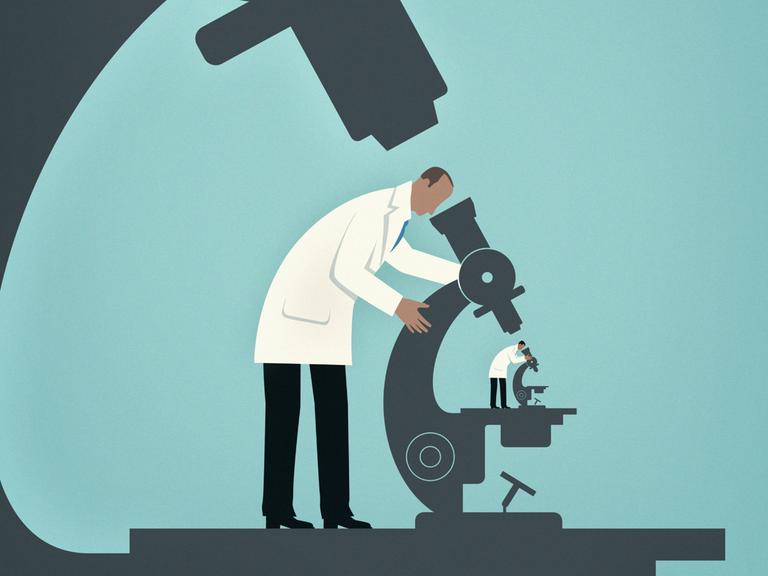 Illustration: Ein großer Wissenschaftler im weißen Kittel schaut durch ein Mikroskop auf einen kleinen Wissenschaftler. Das geht in einer Endlosschleife weiter