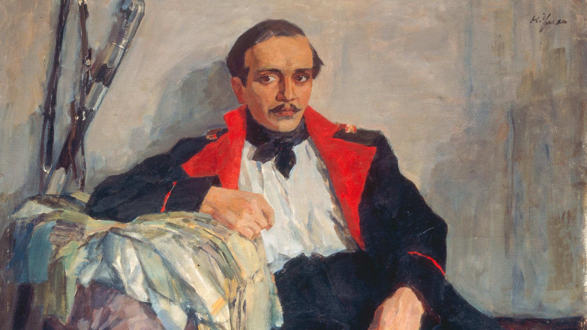 Bildnis des Dichters Michail Lermontow. Gemälde, 1941, von Nikolaj Pawlowitsch Uljanow (1875-1949), Öl auf Leinwand, Moskau, Staatliches Museum für Literatur.