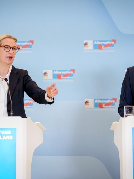 Alice Weidel und Tino Chrupalla, die AfD-Bundes- und Fraktionsvorsitzenden, geben ein Statement ab.
