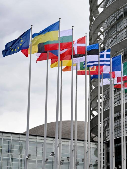 Flaggen der EU-Staaten und der Ukraine sowie die EU-Flagge wehen vor dem EU-Parlament in Straßburg. 