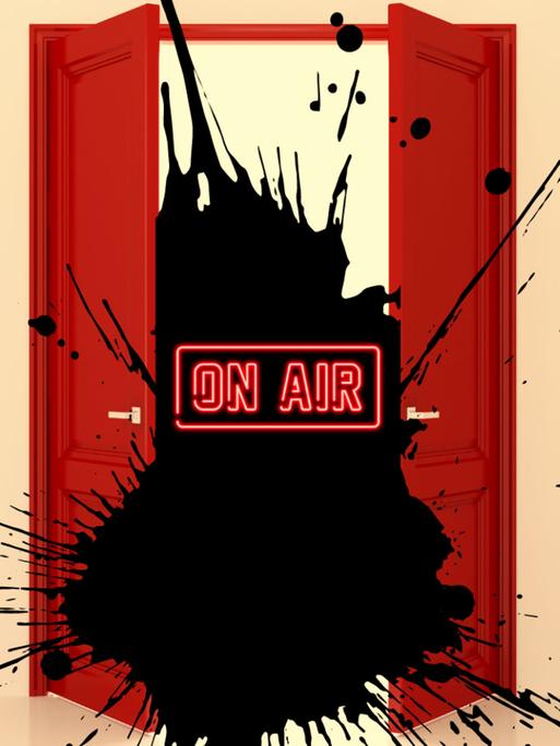 Das lineare Radio nimmt in "Die rote Tür" bei jeder Ausstrahlung neue Realitätspartikel auf. Zu sehen: Eine Comic-Zeichnung - Rote Türflügel sind halb geöffnet, dazwischen ein schwarzer Klecks mit einer roten Schrift darüber "On Air"