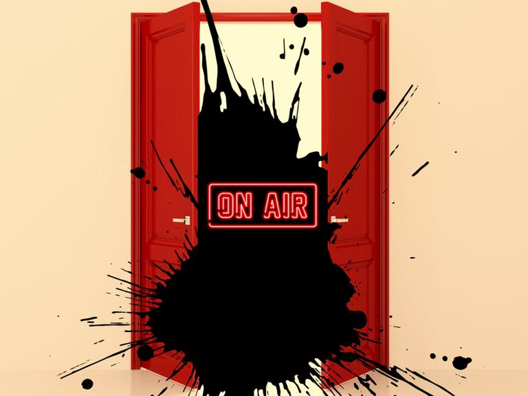 Das lineare Radio nimmt in "Die rote Tür" bei jeder Ausstrahlung neue Realitätspartikel auf. Zu sehen: Eine Comic-Zeichnung - Rote Türflügel sind halb geöffnet, dazwischen ein schwarzer Klecks mit einer roten Schrift darüber "On Air"