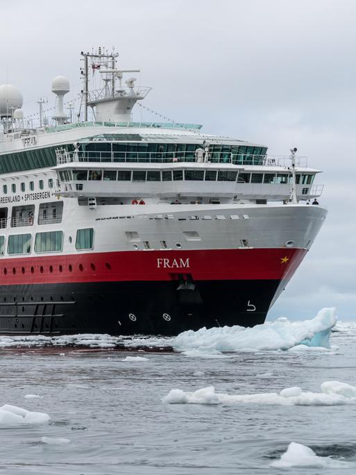 Ein großes Kreuzfahrtschiff fährt durch das Eismeer.