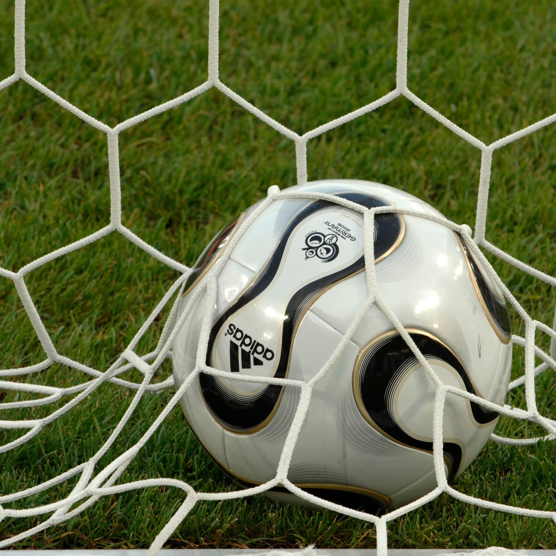 Ein Ball mit dem Logo der Fußball-WM 2006 liegt im Tornetz auf dem Rasen.
