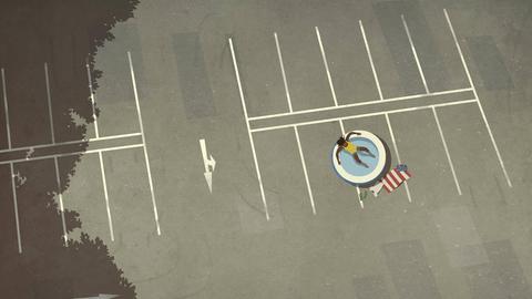 Illustration: Aus der Vogelperspektive ist ein Planschbecken mit einer sich darin abkühlenden Person auf einem großen, leeren, schattenlosen Asphaltparkplatz zu sehen. 