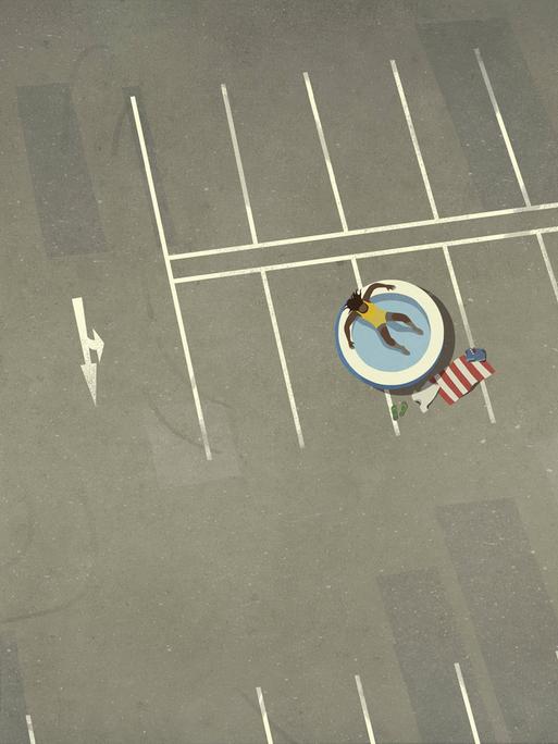 Illustration: Aus der Vogelperspektive ist ein Planschbecken mit einer sich darin abkühlenden Person auf einem großen, leeren, schattenlosen Asphaltparkplatz zu sehen. 