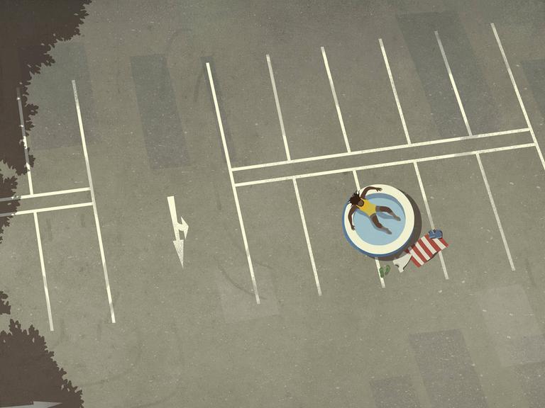 Illustration: Aus der Vogelperspektive ist ein Planschbecken mit einer sich darin abkühlenden Person auf einem großen, leeren, schattenlosen Asphaltparkplatz zu sehen. 