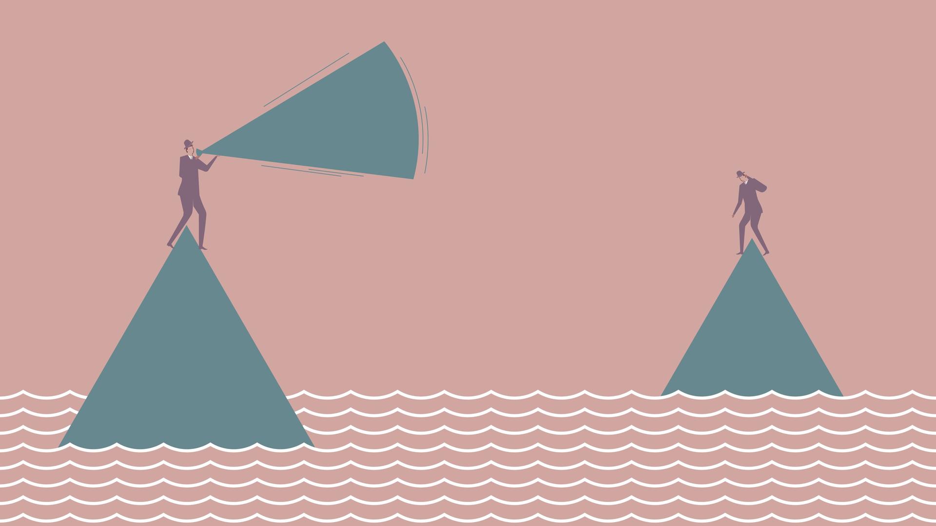 Illustration zweier Personen, die auf zwei Hügeln stehen und sich anschreien, während unter ihnen Wasser anschwillt. Illustration zweier Personen, die auf zwei Hügeln stehen und sich anschreien, während unter ihnen Wasser anschwillt.