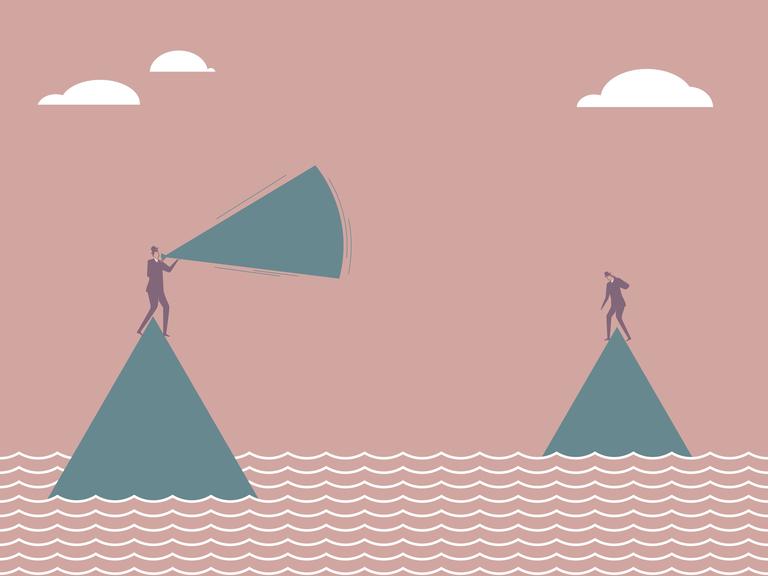 Illustration zweier Personen, die auf zwei Hügeln stehen und sich anschreien, während unter ihnen Wasser anschwillt.