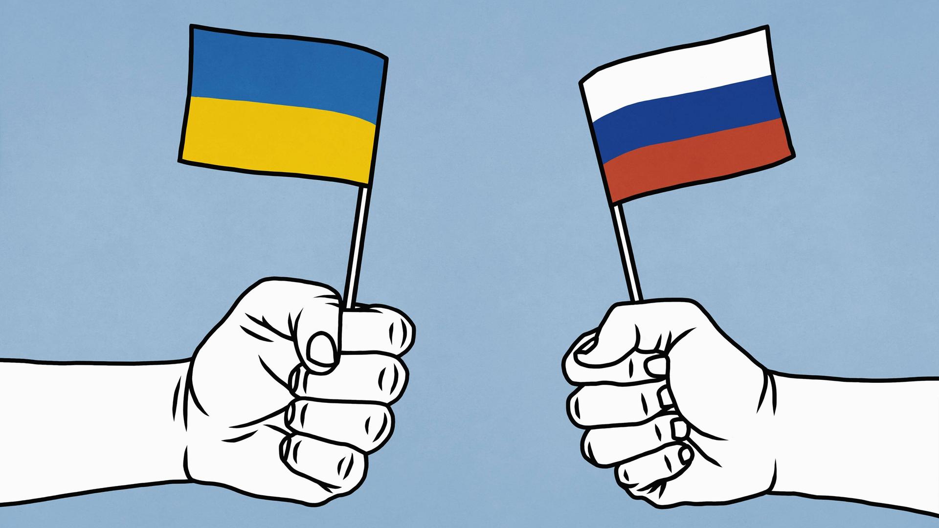 Eine Illustration zeigt zwei geballte Fäuste, die eine ukrainische und eine russische Flagge gegeneinander halten.