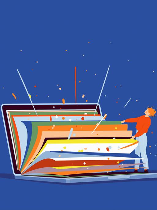 Eine Figur blättert ein farbiges Buch auf. Symbolbild 