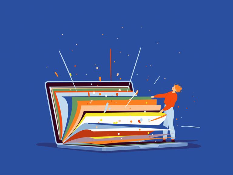 Eine Figur blättert ein farbiges Buch auf. Symbolbild 