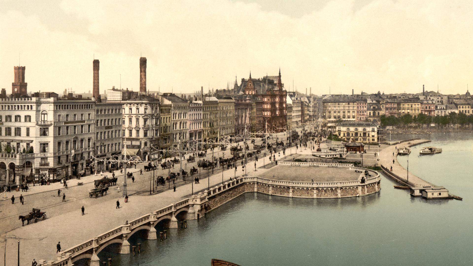 Nachkolorierte Aufnahme des Alsterpavillions am Jungfernstieg in Hambrug um 1900.