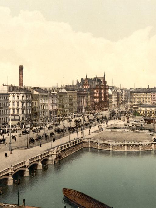Nachkolorierte Aufnahme des Alsterpavillions am Jungfernstieg in Hambrug um 1900.