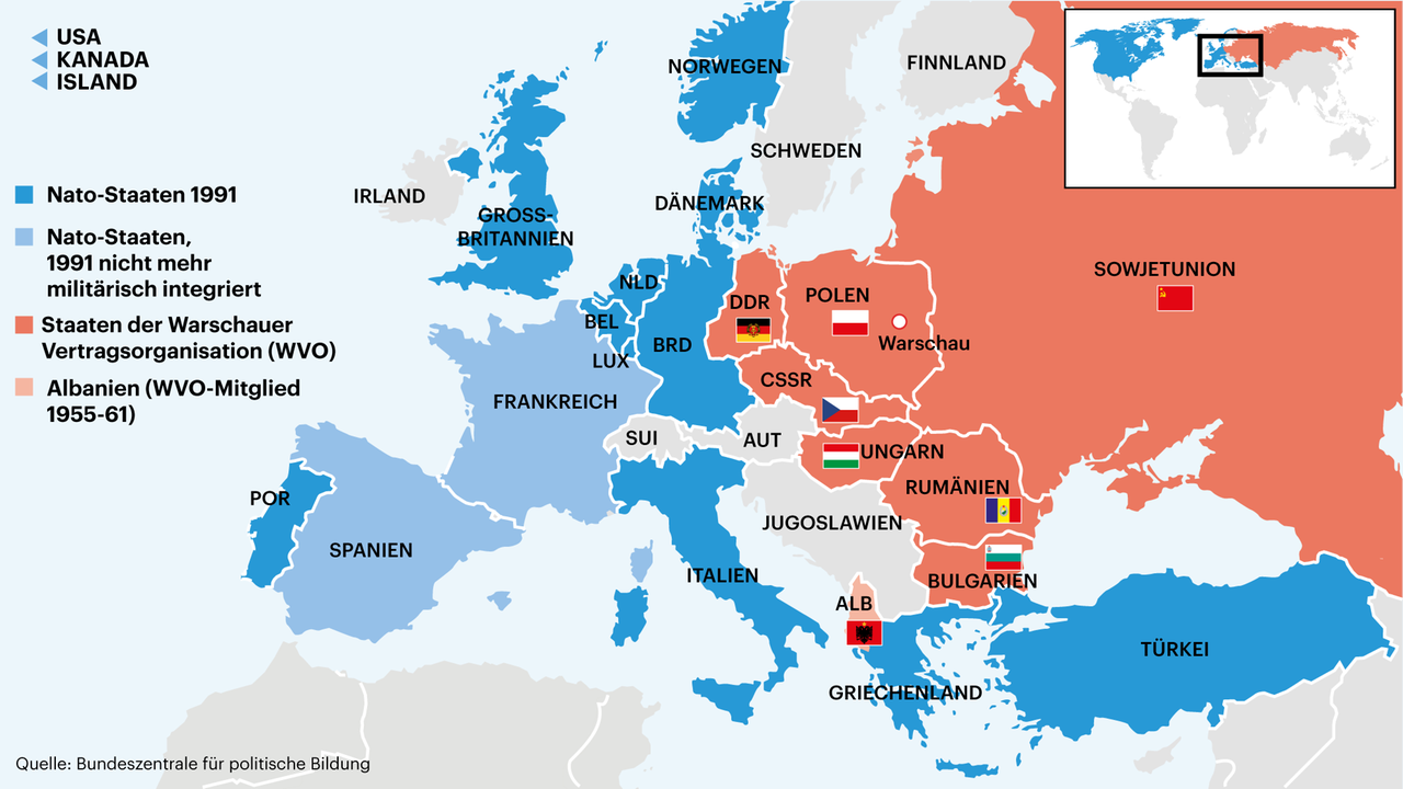 Karte zeigt Staaten der Nato und des Warschauer Pakts