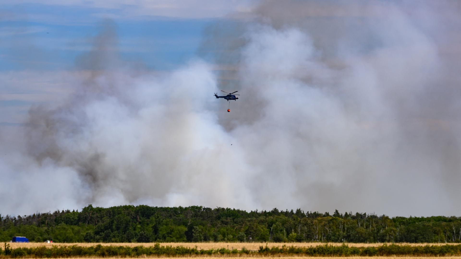 Ein Löschhubschrauber der Bundespolizei ist im Waldbrand in der Gohrischheide im Einsatz. 